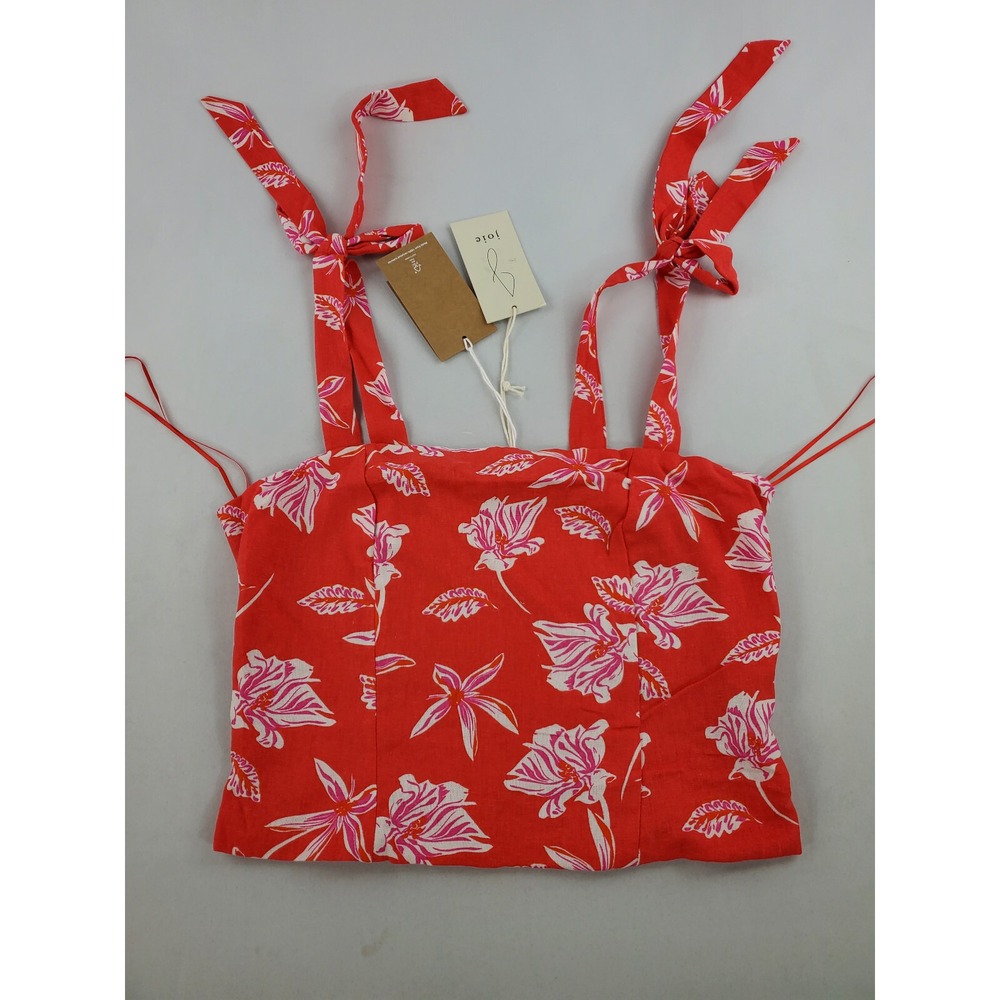 Joie Women Red Linen Floral Tie Shoulder Blouse Top 0749771 sz 8